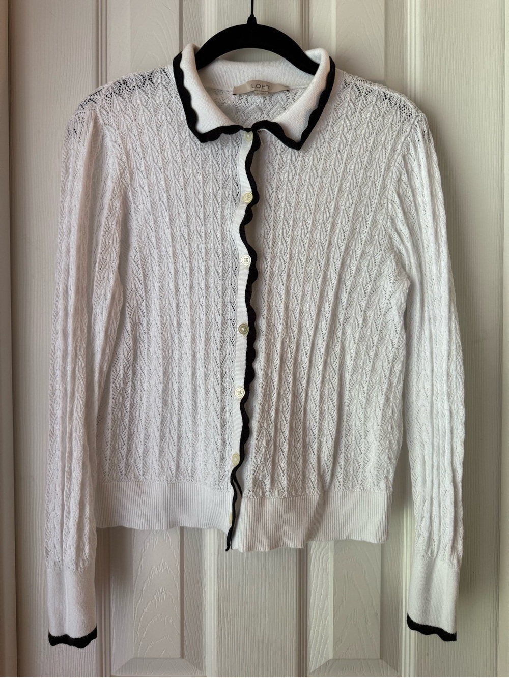 LOFT White Knit Cardigan with Black Scalloped Trim